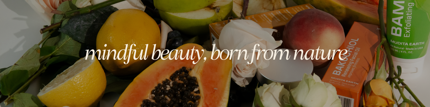 Product display with fruits and a box labeled 'BAM Exfoliating' against a dark background.